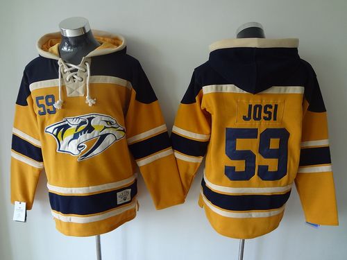 Predators #59 Roman Josi Yellow Sawyer Hooded Sweatshirt Stitched NHL Jersey - Click Image to Close